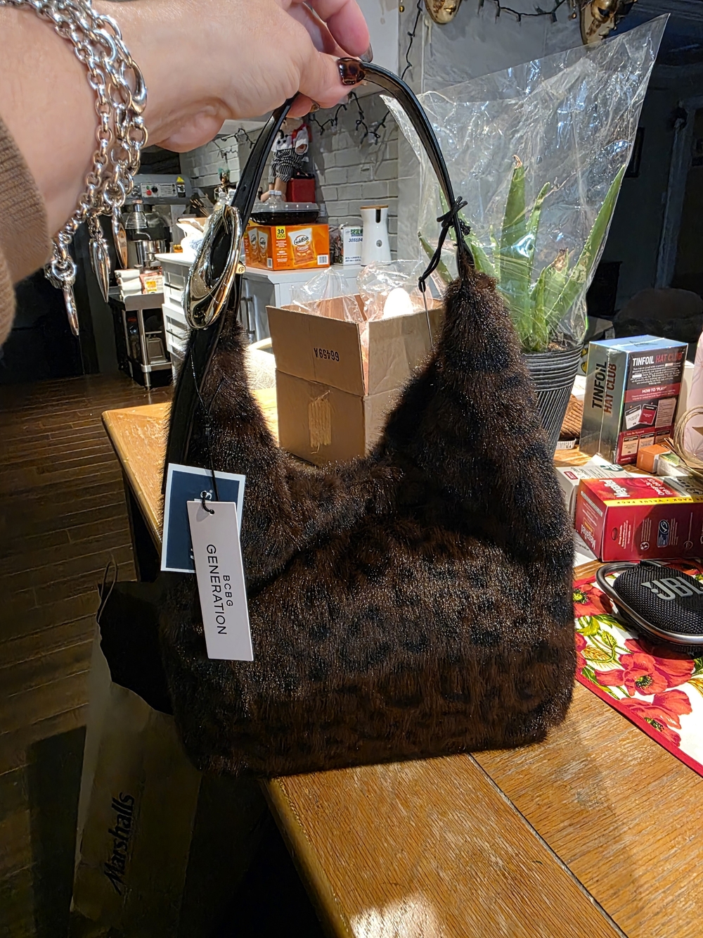 NWT BCBGeneration Faux Fur Leopard Print Shoulder Bag Hobo Purse